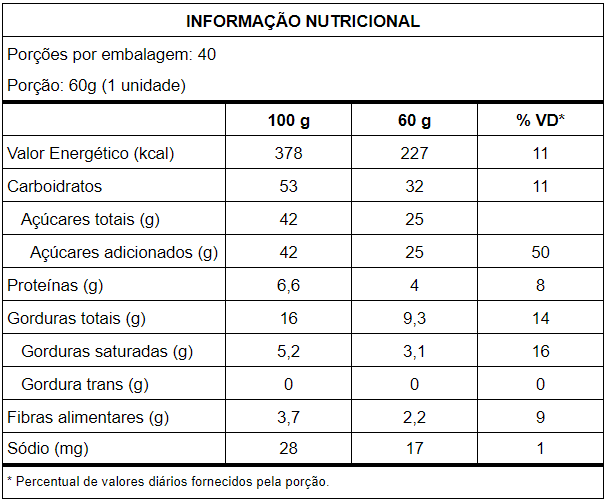 Tabela Nutricional Brownie 60g